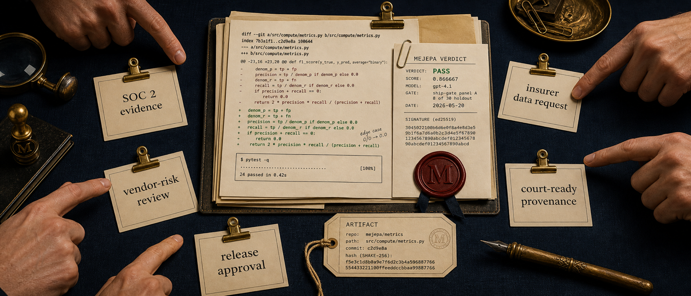 Top-down view of a walnut notary desk. Five hands reach in holding a SOC 2 page, a cyber-insurance rider, an RFP, a release checklist, and a Rule 11 evidence sheet around a fanned-out Python diff sealed with oxblood wax.
