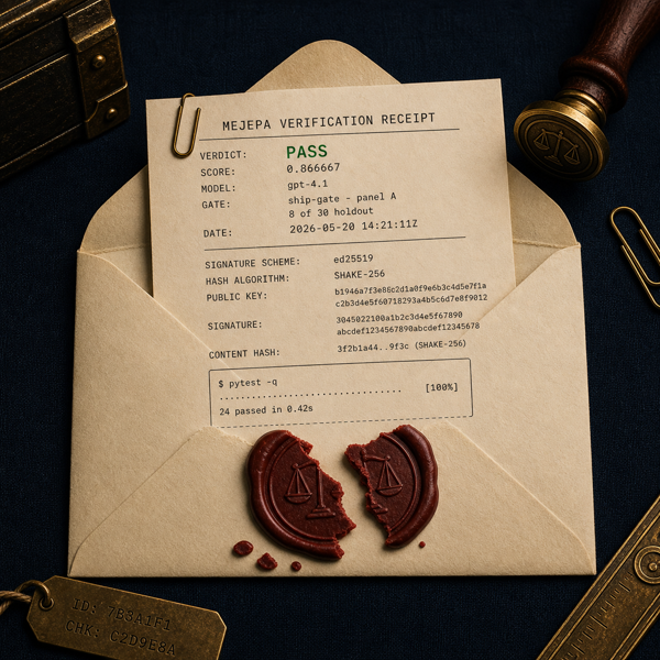 A half-open cream envelope with a broken oxblood wax seal. A copperplate verdict slip inside.